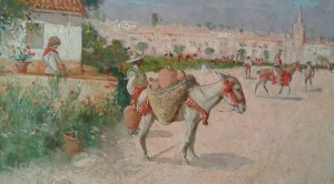 Scene with people and horses outside the city